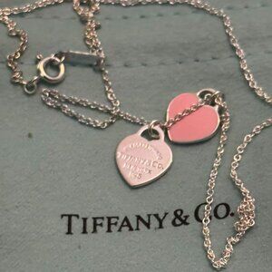 Silver Chain Necklace w/ Pink Double Heart Charm 925 Gift Ready